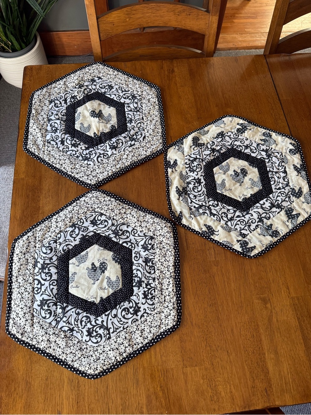 Vintage black white Quilted Chicken Print fabric Table place Mats (set of 3)